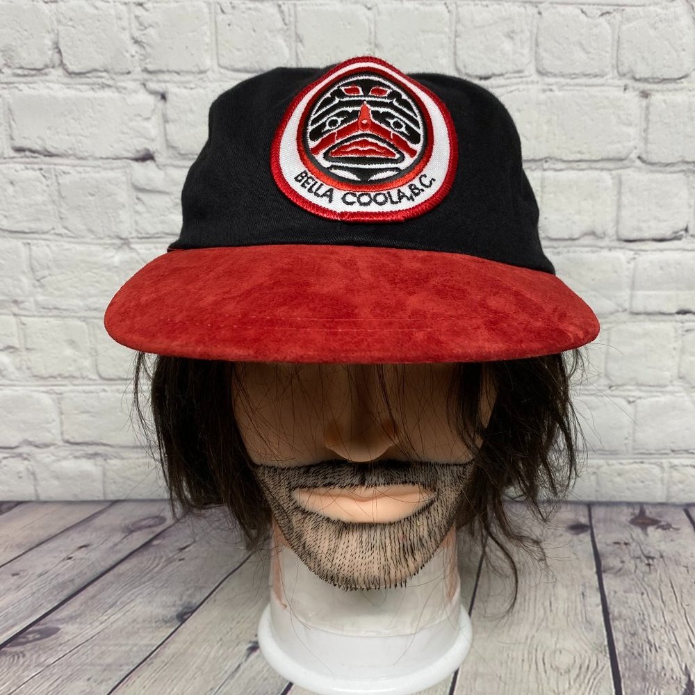Vintage Hat Cap Strap Back Black Red Bella Coola, BC Embroidered Logo Patch